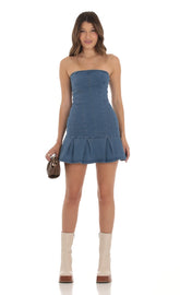 Strapless Pleated Dress in Denim